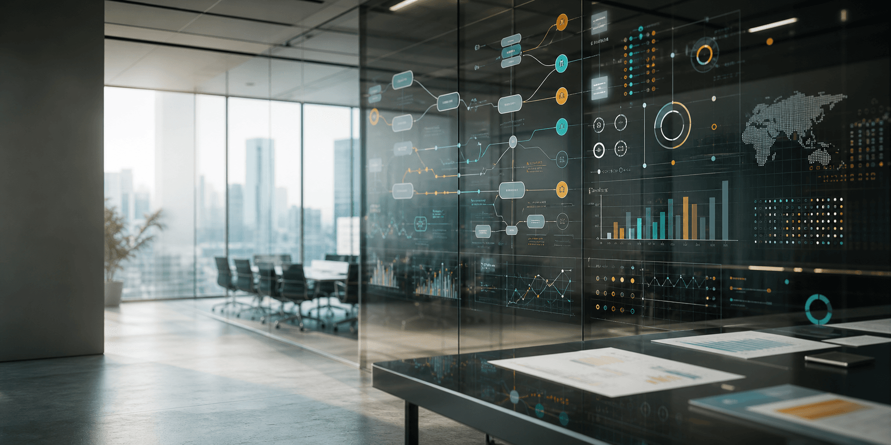 Abstract operations dashboards and workflow analytics in a modern strategy room